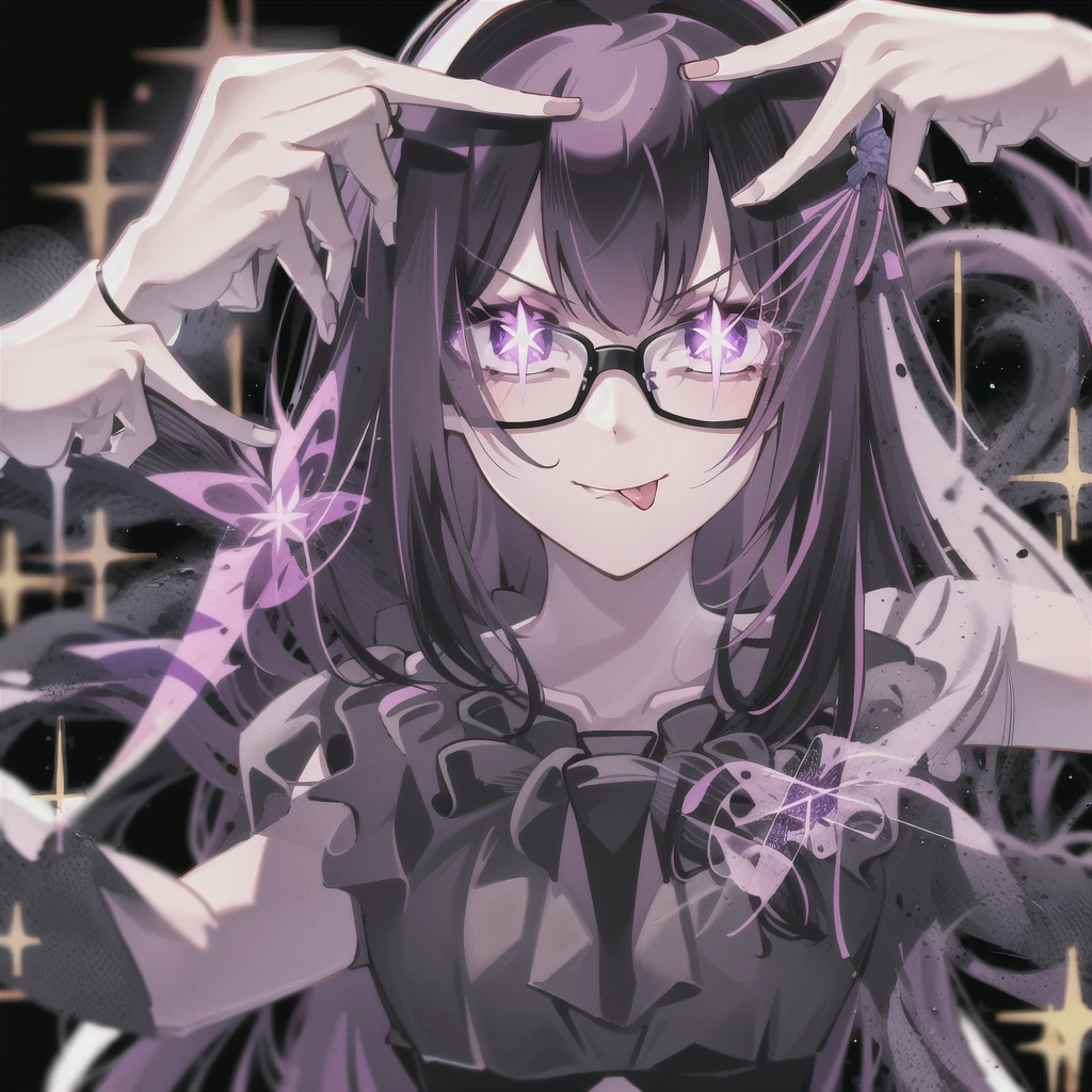 ai's pose, 1girl, solo, :p, v, black background, double v, arona, 1girl, black curly hair, black rounded glasses, purple eyes, star shaped symbol on her eyes>