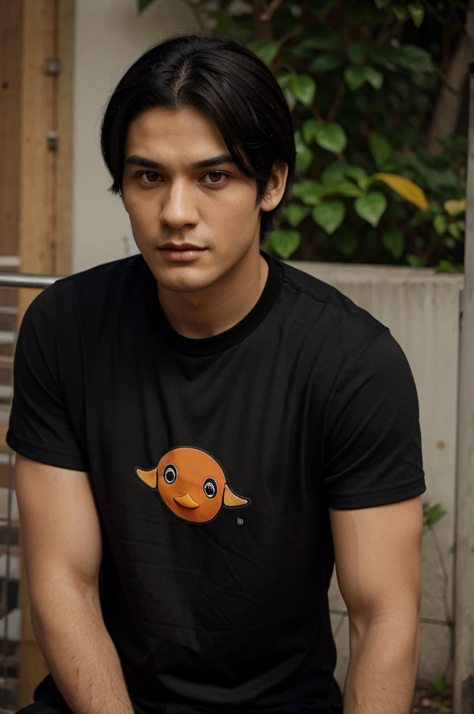 A man with orange eyes and black hair, wearing a black shirt with a duck logo in the middle