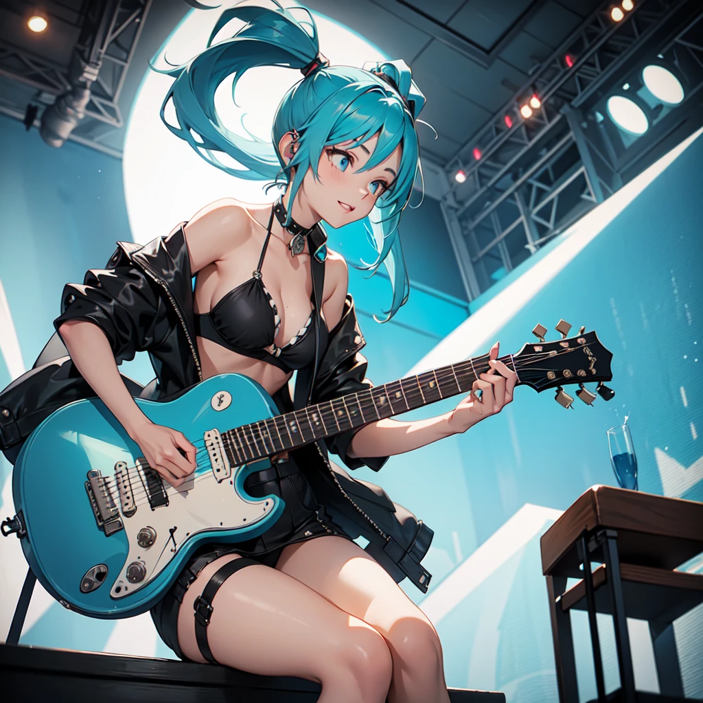A masterpiece of a young woman, showcasing her unique style and musical talents. Outside on a beach stage, she stands confidently with one leg slightly raised, her electric guitar slung over her shoulder. Her striking features include piercing blue eyes, a twintail adorned with teal hair extensions, two piece black bikini that accentuates her toned physique, while headphones wrap around her neck, a symbol of her passion for music. As she plays the guitar, her long hair cascades down her back, a mesmerizing sight as she sings with conviction, smiling, full body, sitting on stool
