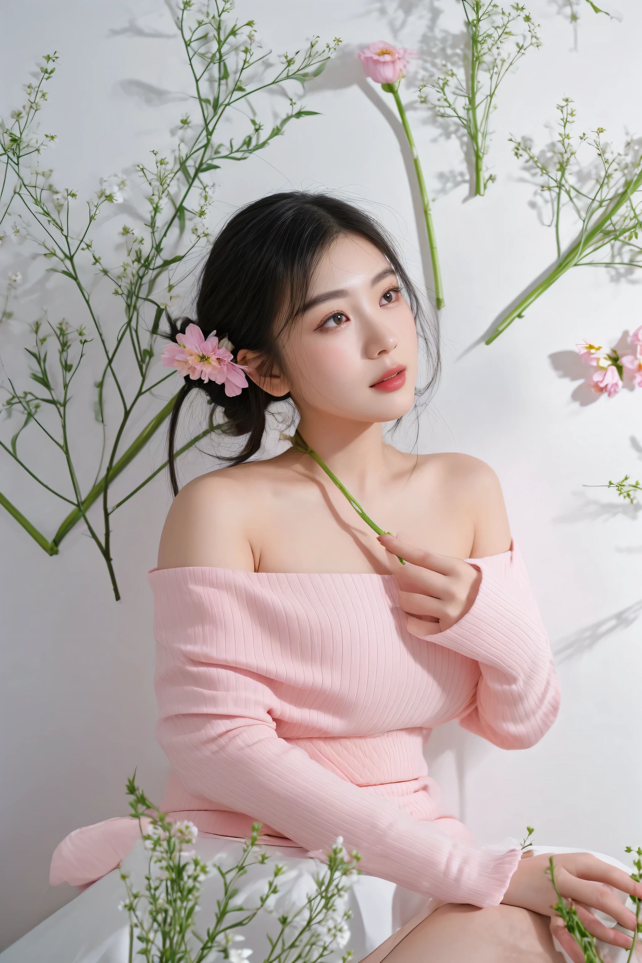 there is a woman sitting in a chair with flowers in her hair, with flowers, an asian woman, a young asian woman, taken with canon eos 5 d mark iv, asian girl, lovely woman, young asian woman, close - up studio photo, mai anh tran, asian woman, photo taken with canon 5d, wearing pink floral chiton, young asian girl