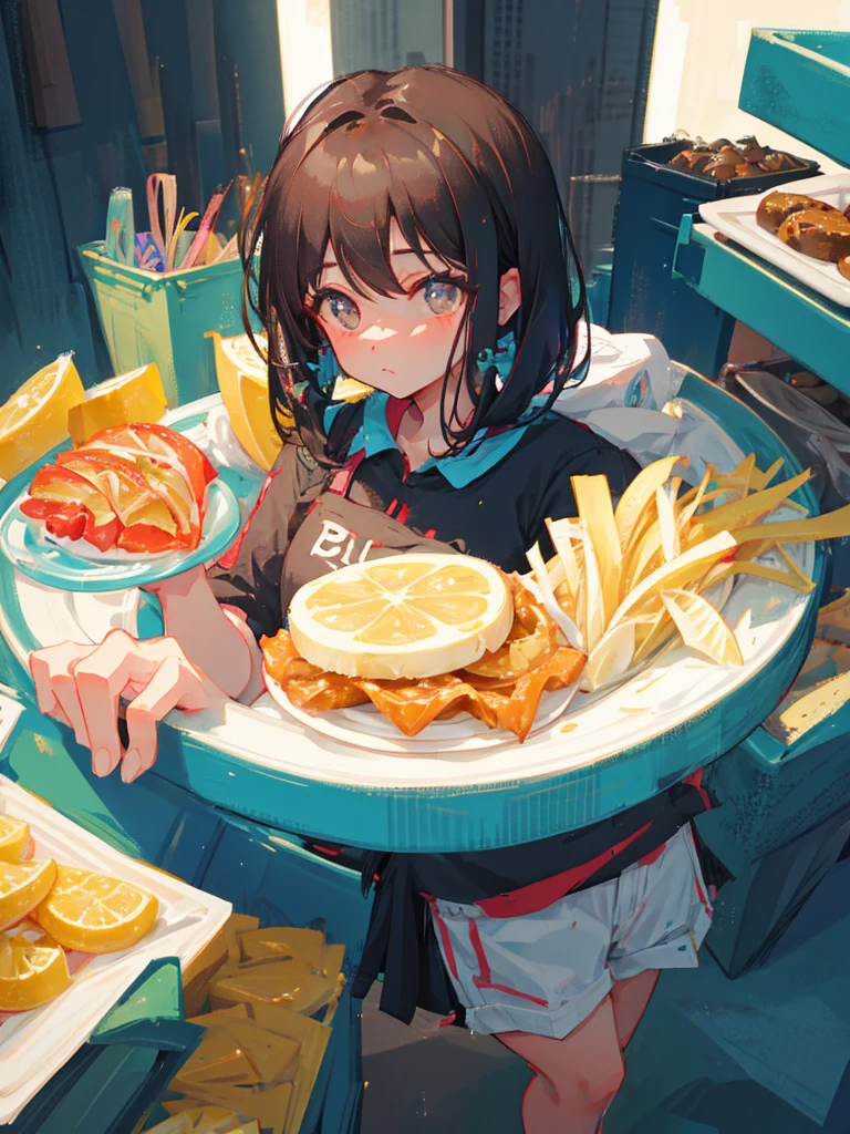Girl,black hair,chubby,plate,food.