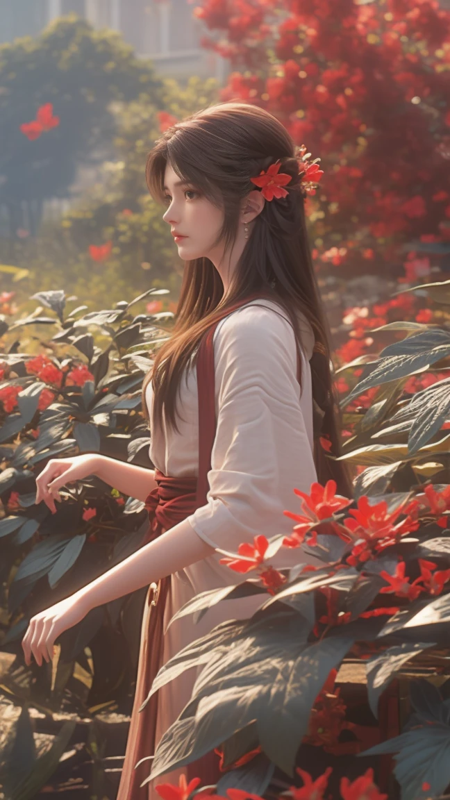 1girl, girl with long brown hair, smiling, cheerful, girl is standing among a wide expanse of flowers,girl posing gracefully , surrounded by beautiful flowers, Calm and peaceful atmosphere, night, moonlight , Beautiful glowing butterflies surround the girl lighting up the darkness of the night, magic,Romantic, the night breeze blows the Sepoi Sepoi girl's hair,
