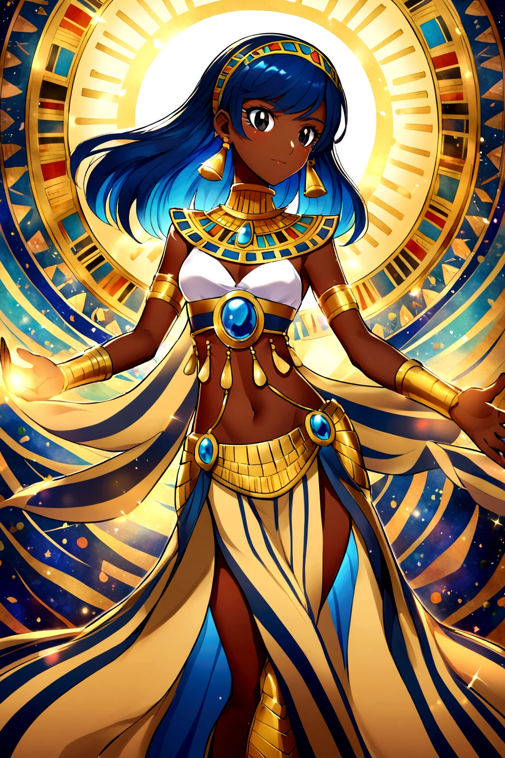 Miraculous Ladybug style girl with brown skin, black eyes, blue hair, with Egyptian style clothing 