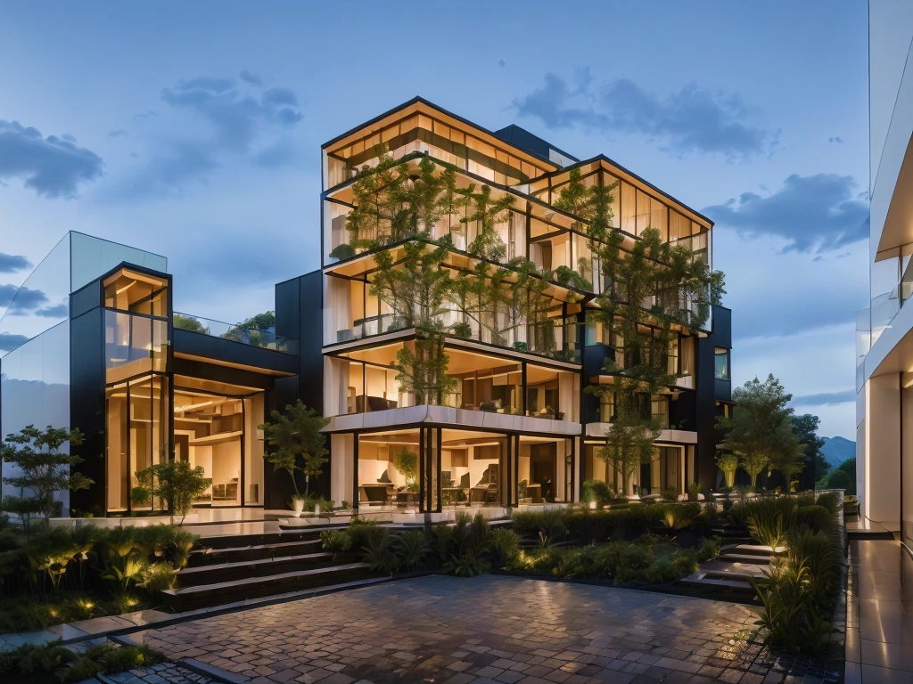 3D render of a beautiful house, Dark, gray tones, white wall. lumion render, night time render, insanely detailed rendering, realistic architecture, architectural visualization. The house is adorned with elegant lighting and plants to enhance its exterior appearance in a Vietnam city street. The staircase leading into the house is tiled with black marble and has bright LED lights. Behind are hills and mountains with clear blue sky. balcony with green plants. The main door is made of black aluminum and glass reaching up to the ceiling. Looking through the glass windows to look inside the house with luxurious interiors with luxurious and warm lights, interior lighting rendering and lighting effects. marble and wood and glass, dark and modern, luxcore render, taken with professional photography techniques, using a wide angle lens with bright natural light and high resolution details, in the style of professional photograph, hyper realistic, highly detailed.