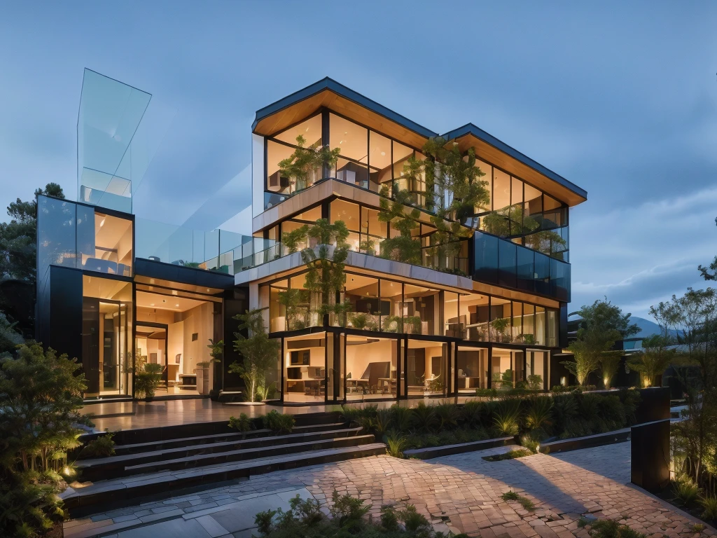 3D render of a beautiful house, Dark, gray tones, white wall. lumion render, night time render, insanely detailed rendering, realistic architecture, architectural visualization. The house is adorned with elegant lighting and plants to enhance its exterior appearance in a Vietnam city street. The staircase leading into the house is tiled with black marble and has bright LED lights. Behind are hills and mountains with clear blue sky. balcony with green plants. The main door is made of black aluminum and glass reaching up to the ceiling. Looking through the glass windows to look inside the house with luxurious interiors with luxurious and warm lights, interior lighting rendering and lighting effects. marble and wood and glass, dark and modern, luxcore render, taken with professional photography techniques, using a wide angle lens with bright natural light and high resolution details, in the style of professional photograph, hyper realistic, highly detailed.