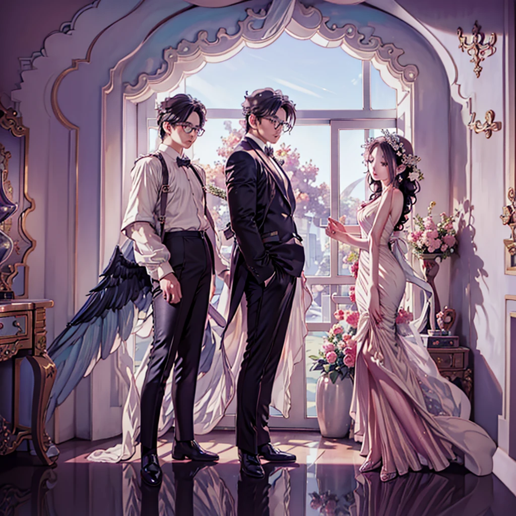 Wearing glasses、Anime character in suit and tie standing in front of the window, Delicate hermaphroditic prince, beautiful princess, Elegant anime main visual, , Handsome anime poses, Anime beauty, Exquisite and handsome wings, Inspired by Bian Shoumin, heise jinyao