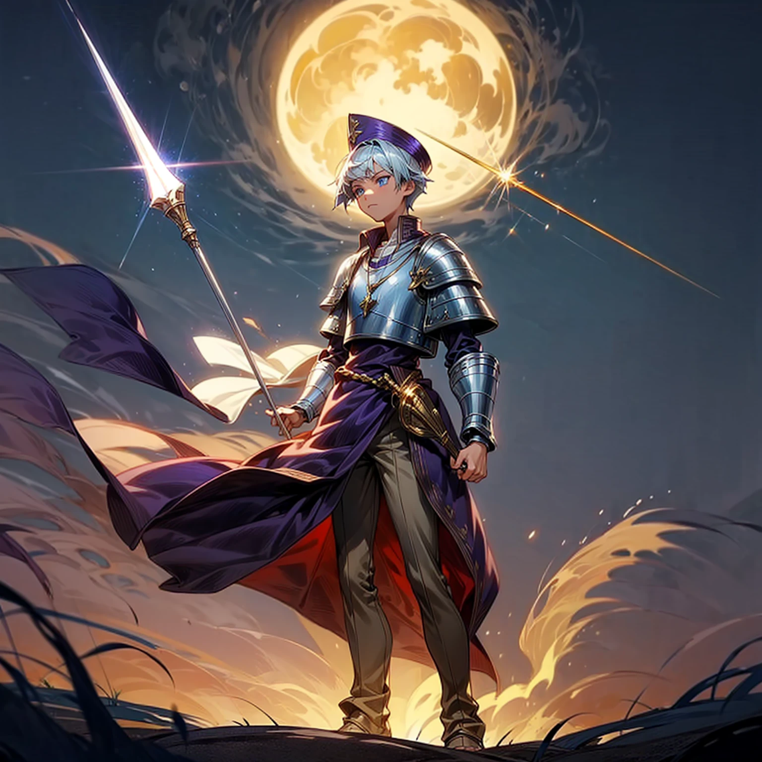 1boy, Full body version, 1character, blue eyes color, sad eyes, eyeliner, tan skin, classic fade haircut, almond eyes type, brown colour hair, medieval clothing style, breton hat, armor body, purple color clothing, silver necklaces, gold armor on hand, gold long spear in hand, Grassroots background in field town, motion blur, plasma, fire, in night, moon, lighting fire, lighting moon, battle gesture, lighting gold Spear, 