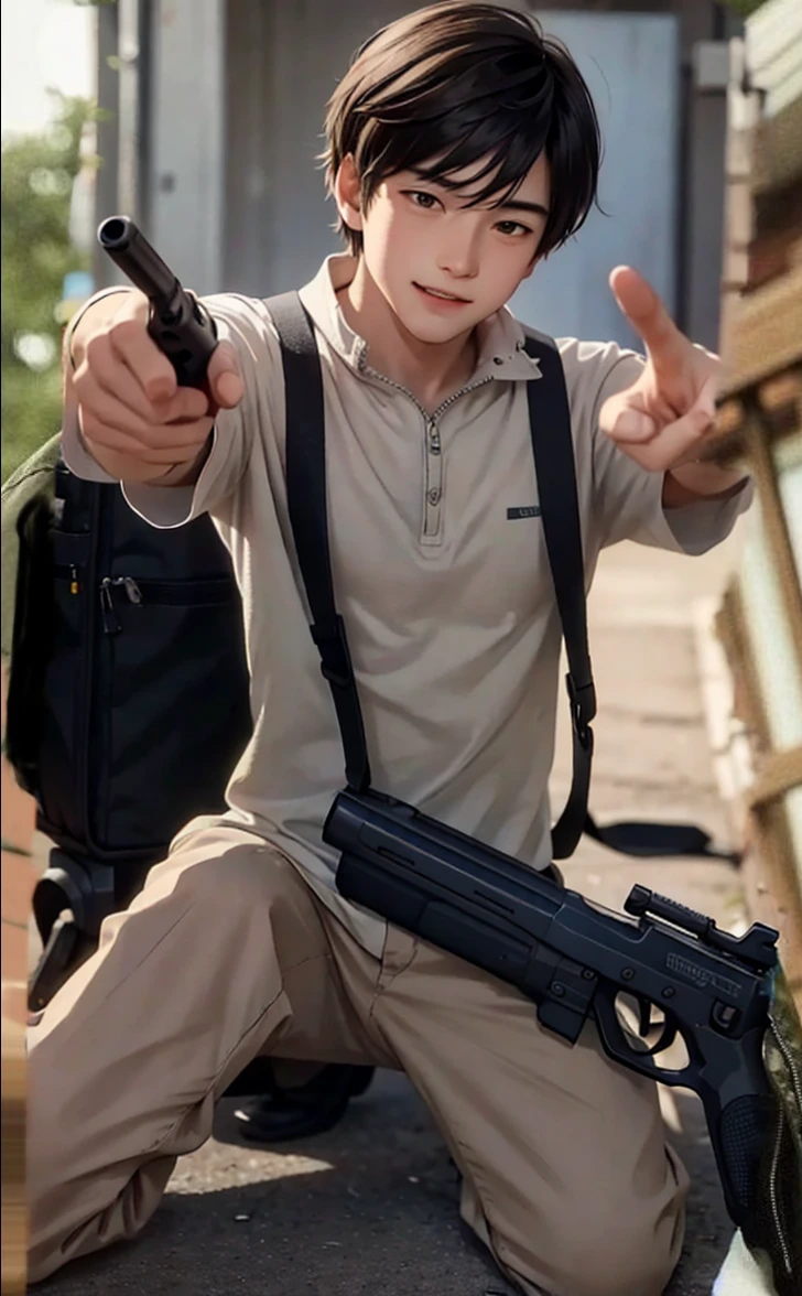 A boy holding a gun pointing at the ground