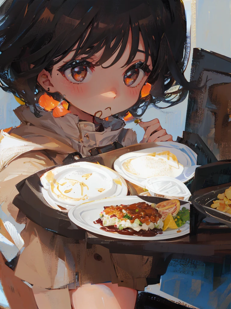 Girl,black hair,chubby,plate,food.