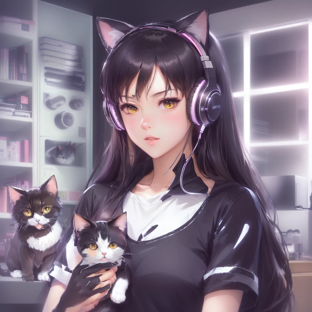 anime girl with headphones holding a cat and using headphones, anime cat, anime catgirl, anime girl with cat ears, attractive cat girl, anime look of a cute cat, cute anime cat girl, very beautiful anime cat, cute anime catgirl, today's featured anime yet, realistic anime cat, wearing cat ear headphones, in the anime film, Nothing
