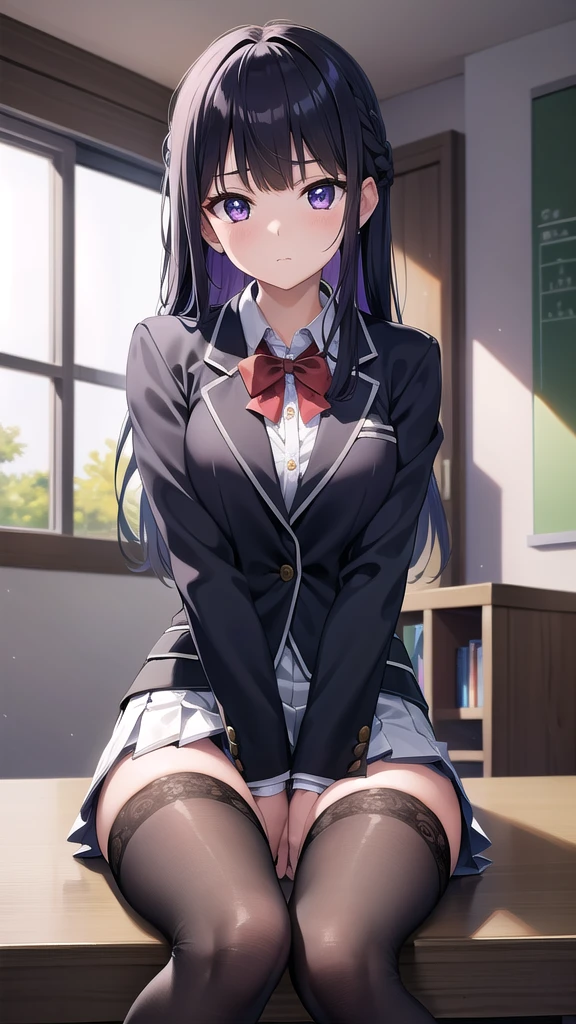 suzunehorikita, suzune horikita, black hair, braid, long hair, (purple eyes:1.1),
BREAK advanced nurturing high , black thighhighs, blazer, bow, bowtie, buttons, jacket, long sleeves, pleated skirt, , thighhighs, white skirt, zettai ryouiki, (red blazer:1.5),
BREAK looking at viewer, full body,
BREAK indoors, classroom,school,soft lights,
BREAK (masterpiece:1.2), best quality, high resolution, unity 8k wallpaper, (illustration:0.8), (beautiful detailed eyes:1.6), extremely detailed face, perfect lighting, extremely detailed CG, (perfect hands, perfect anatomy),sitting on table, cross legs,leg on leg,from below,