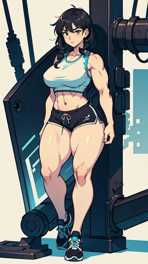 a drawing of a woman in a black sport shorts, muscular abs girl, female arms character, sci-fi, feminine and muscular, makoto, white, fubuki, (thin waist), ((curvy)), ((wide hips)), big long curly black hair, sexy, muscular thighs, full body