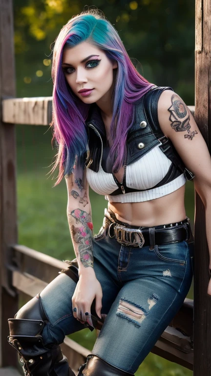 8k high resolution ultra detailed photography of a 35 year old punk woman with rainbow hair, 35 year old punk woman wears a cropped leather vest with tiger skin and jeans shorts with sexy leather chaps and cowboy boots, woman sits in full body pose on a wooden fence looking into the camera , the face of the 35 year old punk woman is depicted in ultra detail with beautiful green eyes and long eyelashes and full lips, full body tattoo, Long hairstyle, leather chaps