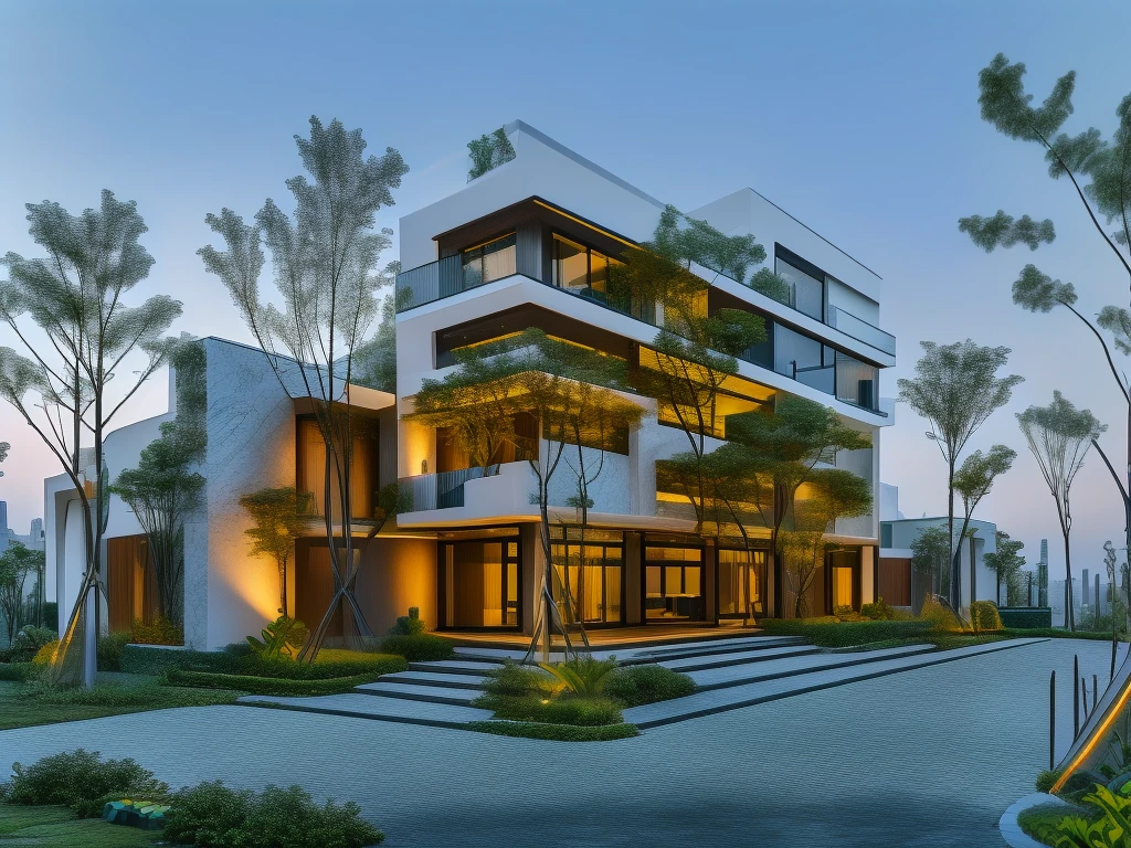 3D render of a beautiful house, Dark, gray tones, white wall. lumion render, night time render, insanely detailed rendering, realistic architecture, architectural visualization. The house is adorned with elegant lighting and plants to enhance its exterior appearance in a Vietnam city street. The staircase leading into the house is tiled with black marble and has bright LED lights. Behind are hills and mountains with clear blue sky. balcony with green plants. The main door is made of black aluminum and glass reaching up to the ceiling. Looking through the glass windows to look inside the house with luxurious interiors with luxurious and warm lights, interior lighting rendering and lighting effects. marble and wood and glass, dark and modern, luxcore render, taken with professional photography techniques, using a wide angle lens with bright natural light and high resolution details, in the style of professional photograph, hyper realistic, highly detailed.