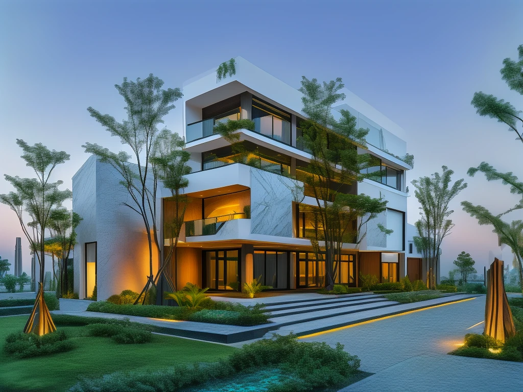 3D render of a beautiful house, Dark, gray tones, white wall. lumion render, night time render, insanely detailed rendering, realistic architecture, architectural visualization. The house is adorned with elegant lighting and plants to enhance its exterior appearance in a Vietnam city street. The staircase leading into the house is tiled with black marble and has bright LED lights. Behind are hills and mountains with clear blue sky. balcony with green plants. The main door is made of black aluminum and glass reaching up to the ceiling. Looking through the glass windows to look inside the house with luxurious interiors with luxurious and warm lights, interior lighting rendering and lighting effects. marble and wood and glass, dark and modern, luxcore render, taken with professional photography techniques, using a wide angle lens with bright natural light and high resolution details, in the style of professional photograph, hyper realistic, highly detailed.