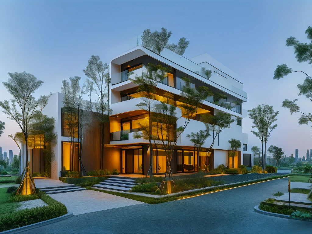 3D render of a beautiful house, Dark, gray tones, white wall. lumion render, night time render, insanely detailed rendering, realistic architecture, architectural visualization. The house is adorned with elegant lighting and plants to enhance its exterior appearance in a Vietnam city street. The staircase leading into the house is tiled with black marble and has bright LED lights. Behind are hills and mountains with clear blue sky. balcony with green plants. The main door is made of black aluminum and glass reaching up to the ceiling. Looking through the glass windows to look inside the house with luxurious interiors with luxurious and warm lights, interior lighting rendering and lighting effects. marble and wood and glass, dark and modern, luxcore render, taken with professional photography techniques, using a wide angle lens with bright natural light and high resolution details, in the style of professional photograph, hyper realistic, highly detailed.