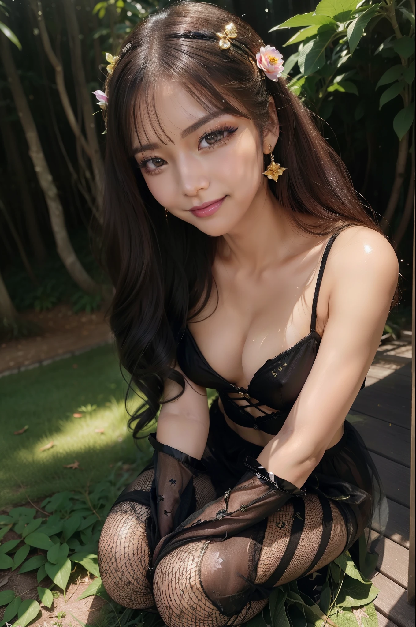 sexy golden princess who controls poison、beautiful smile、lipgloss、long lashes、intense makeup、look at the camera、full body Esbian、、sparkling poisoned flower costume、、、、shiny sparkling multicolor hair、secrete poison、skull hair accessories、fishnet tights、shiny sparkling dark magic forest background