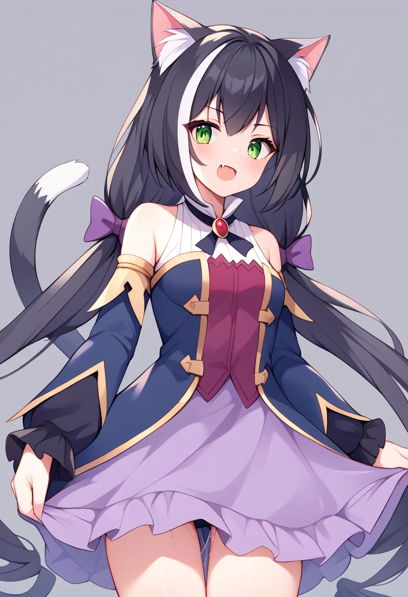 Score_9, Score_8_up, Score_7_up, Score_6_up, Score_5_up, Score_4_up, source_anime, 1girl, karyl, animal ear fluff, animal ears, black hair, black ribbon, cat ears, cat girl, cat tail, fang, green eyes, hair bow, long hair, low twintails, multicolored hair, purple bow, ribbon, skin fang, streaked hair, tail, twintails, vertical stripes, white hair, standing, pussy juice