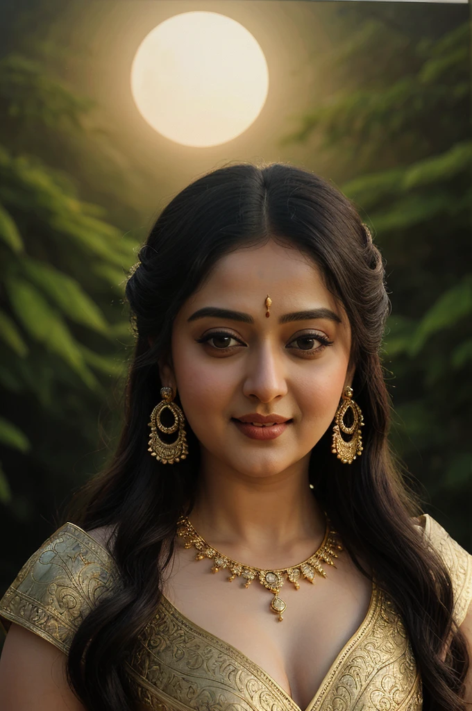 Looks like Anushka Shetty, (masterpiece) Exquisitely detailed painting of Lord Dany., Queen of Dannyland, created by Marie Jean Co in 2008. The portrait shows Lord Dany in a regal and majestic pose., wear intricate clothes in rich colors, surrounded by lush greenery and gold accents. His piercing gaze radiates wisdom and leadership., while his facial expression conveys confidence and strength. The background depicts a serene and idyllic landscape., with the setting sun, casting warm and gentle shades on the stage. The overall picture exudes an ethereal and fairy-tale atmosphere., every brush stroke brings the subtleties of the scene to life.