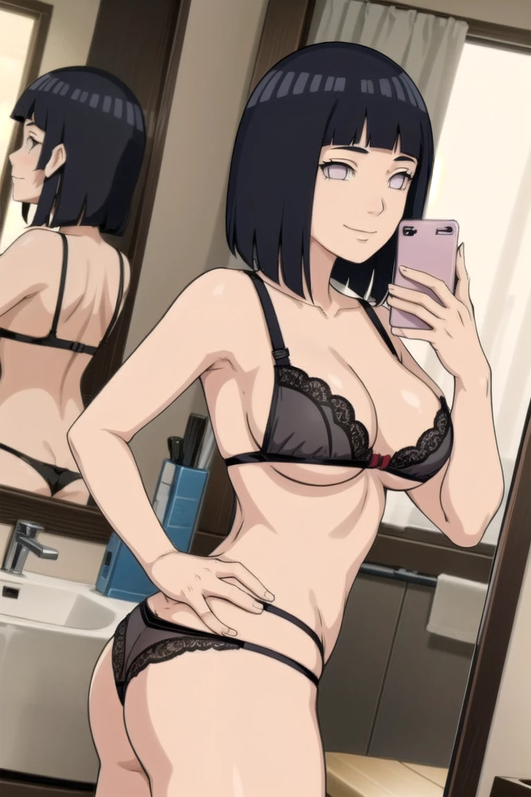 hinata hyuga ,mirror  selfie, 1girl, showing wide ass, big breasts ,  bathroom, hime haircut , underwear, phone, reflection, long_hair, mirror, black_hair, breasts, panties, bra, red_panties, cellphone, solo, smartphone, phone_screen, smile , holding_phone, red_bra, indoors, sink, underwear_only, 