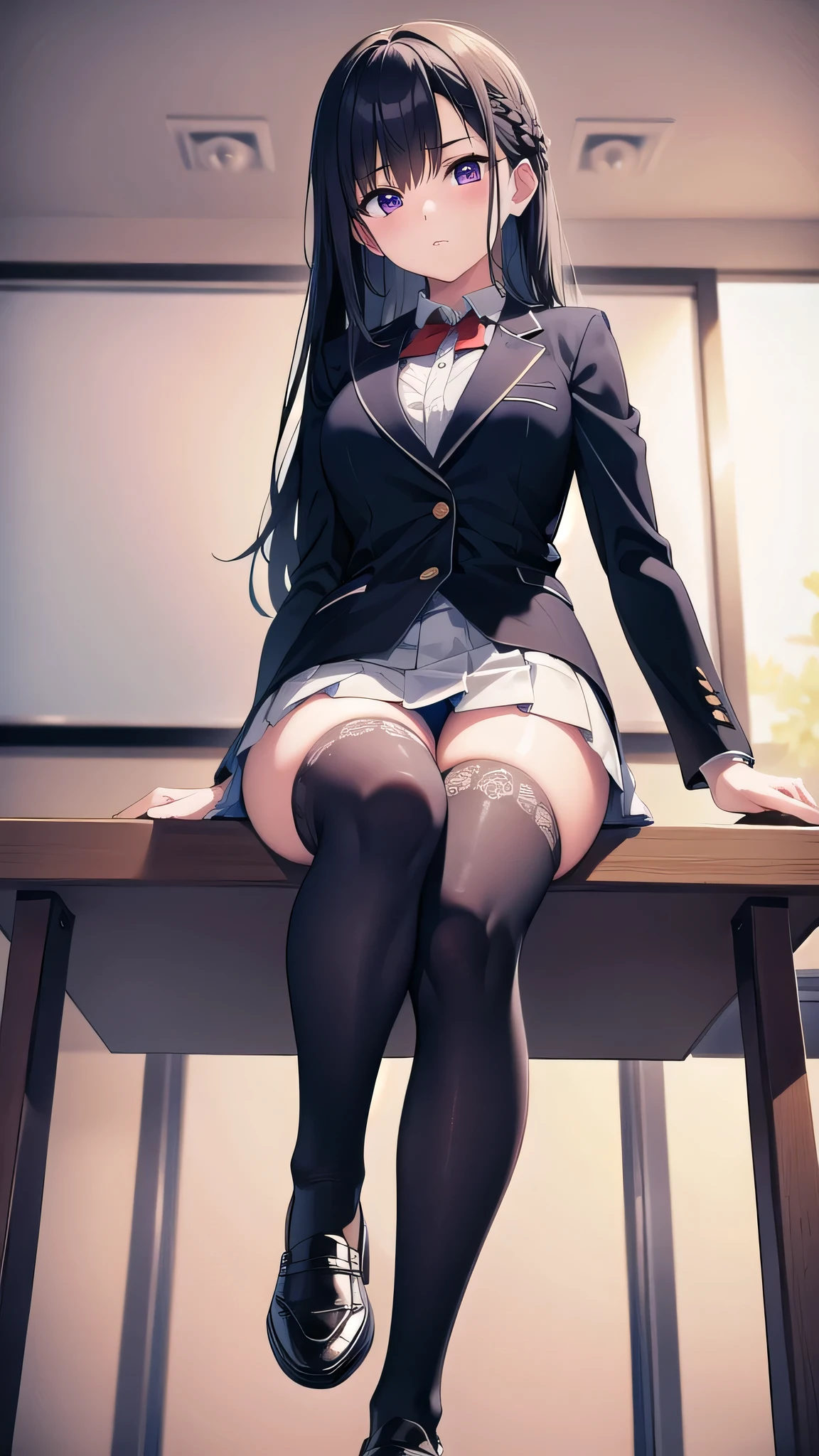 suzunehorikita, suzune horikita, black hair, braid, long hair, (purple eyes:1.1),
BREAK advanced nurturing high , black thighhighs, blazer, bow, bowtie, buttons, jacket, long sleeves, pleated skirt, , thighhighs, white skirt, zettai ryouiki, (red blazer:1.5),
BREAK looking at viewer, full body,
BREAK indoors, classroom,school,soft lights,
BREAK (masterpiece:1.2), best quality, high resolution, unity 8k wallpaper, (illustration:0.8), (beautiful detailed eyes:1.6), extremely detailed face, perfect lighting, extremely detailed CG, (perfect hands, perfect anatomy),sitting on table, cross legs,leg on leg,from below,