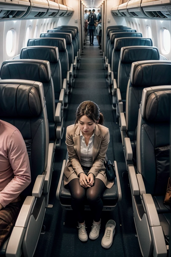 passengers inside plane, sitting, in a row