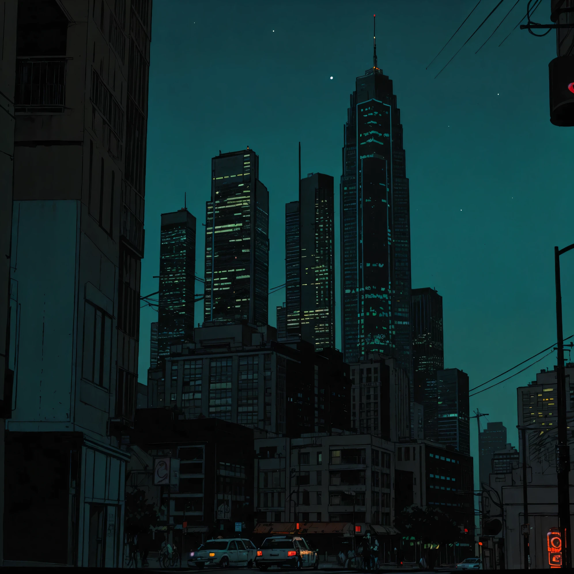 (masterpiece), (graffiti),, (street), (los angeles city neon lights), (blue tint), (skyscrapers), (realistic illustration), (cinematic), (night), (city skylines), (man back silhouette sitting)