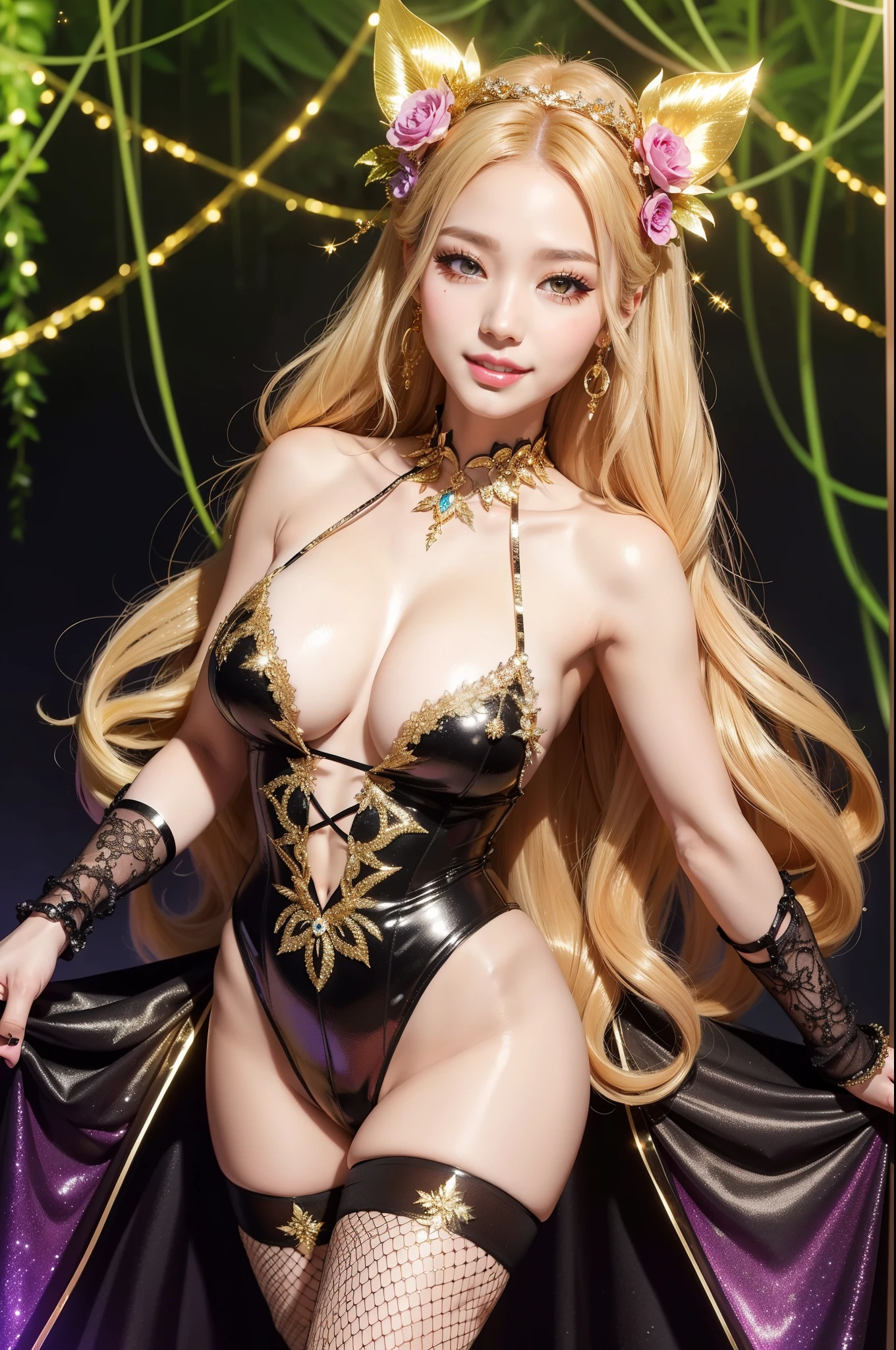 sexy golden princess who controls poison、beautiful smile、lipgloss、long lashes、intense makeup、look at the camera、full body Esbian、、sparkling poisoned flower costume、、、、shiny sparkling multicolor hair、secrete poison、skull hair accessories、fishnet tights、shiny sparkling dark magic forest background