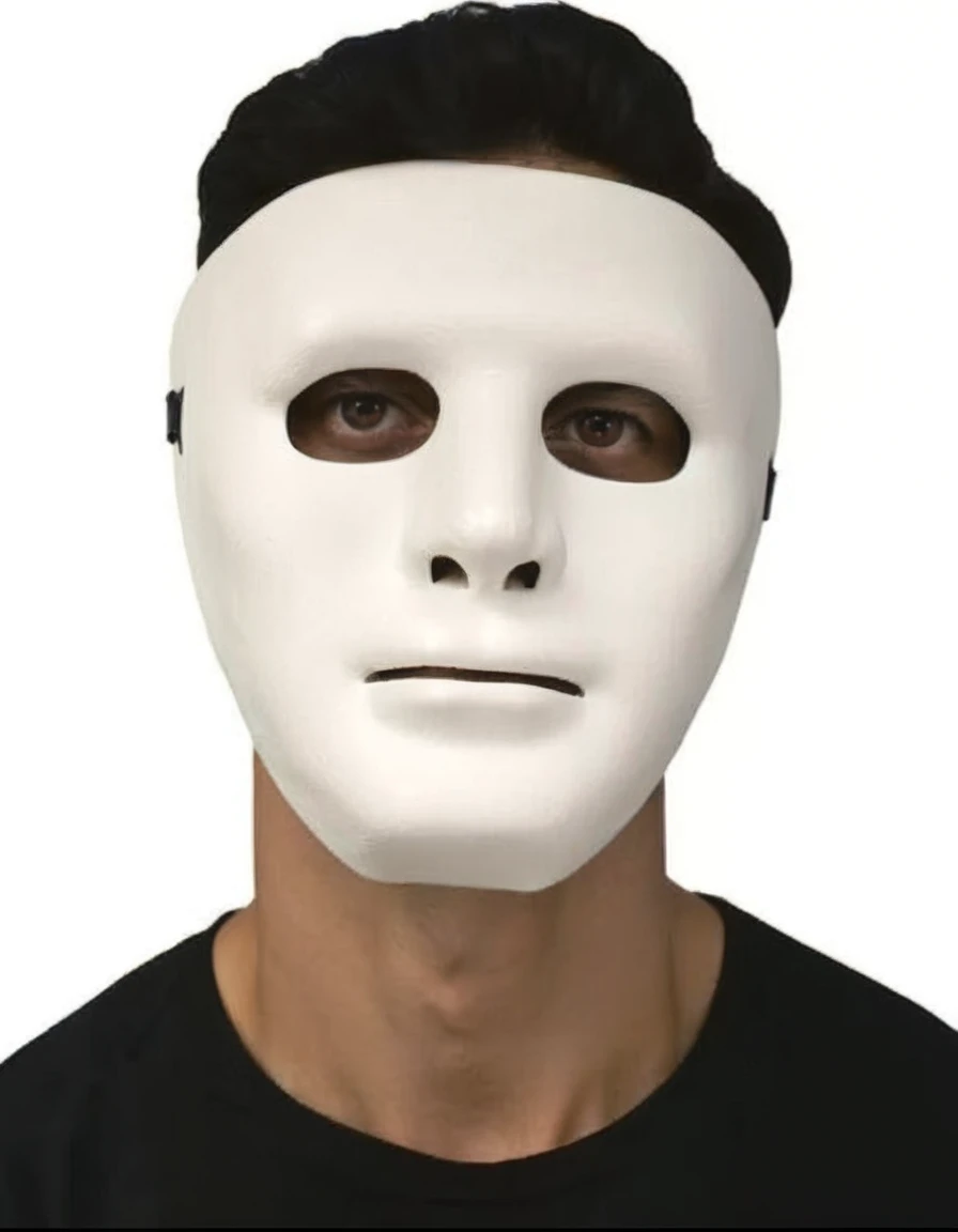 Man in white mask with hood and black blouse