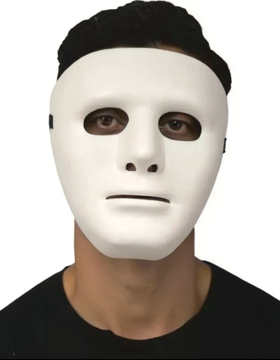 Man in white mask with hood and black blouse