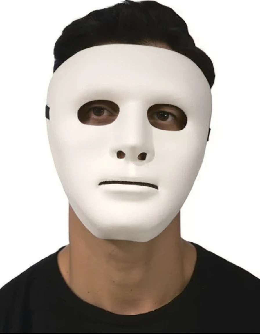 Man in white mask with hood and black blouse