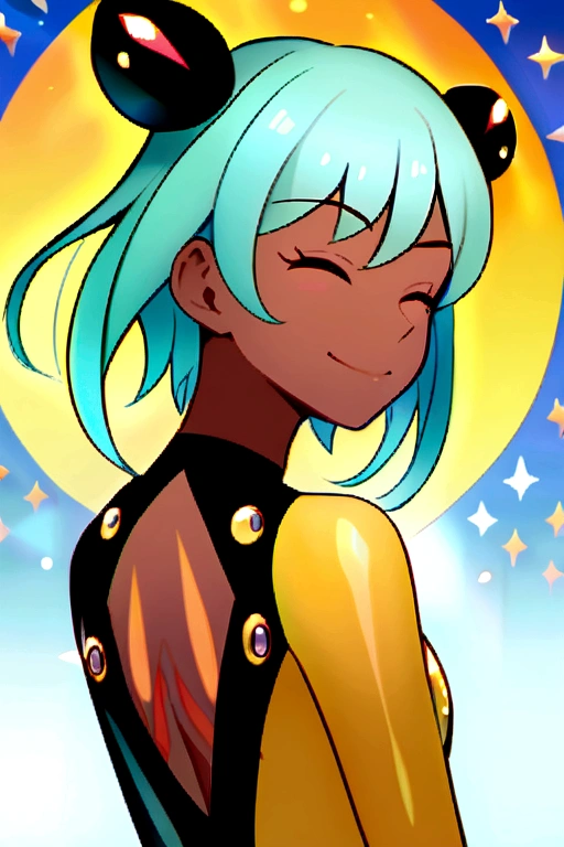 Miraculous Ladybug style girl, with eyes closed smiling, brown skin and aqua hair