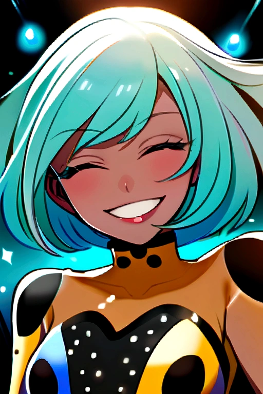 Miraculous Ladybug style girl, with eyes closed smiling, brown skin and aqua hair