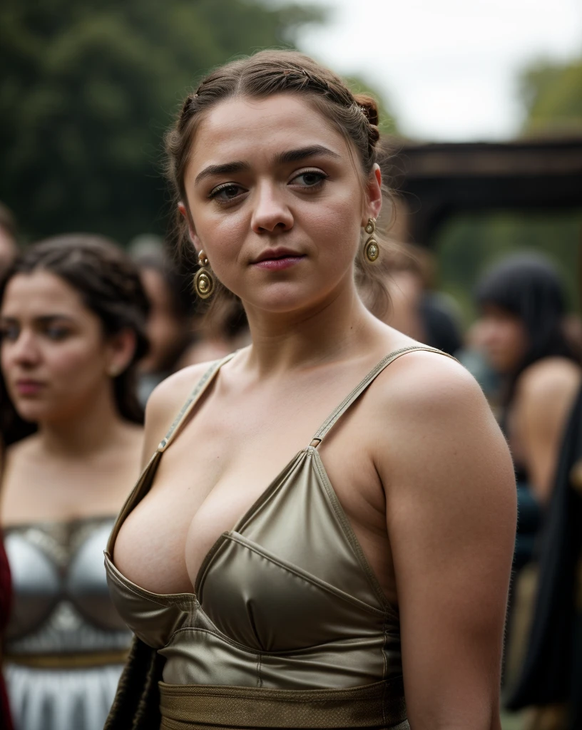 Foto RAW, Arya Stark, Stunning Beauty, Ravishing, Enchantress, Extremely gorgeous lady, Arya Stark PLAYED BY MAISIE WILLIAMS, Queen Arya Stark, she a mature woman now, milf, sexy mediaeval battle dress, gladiator woman, body, 40 years old Woman, Roman slave dress, cotton dress, busty mediaeval costumes, body revealing costumes, perky breast, big natural breast, erotic costumes, lusty physique, seductive figure can capture every people's attention, Game of thrones costumes, revealing captivating figure, Mediaeval costumes, revealing clothes, A tomboy, she would rather fence than dance, warrior queen , game of thrones screen caps, Game of Thrones Series, (pele altamente detalhada: 1.2), 8k UHD, DSLR, soft-lighting, alta qualidade, grain of film, Fujifilm XT3, flawless picture, highly detailed, detailed Beauty, intricate, 32k, sharp picture,