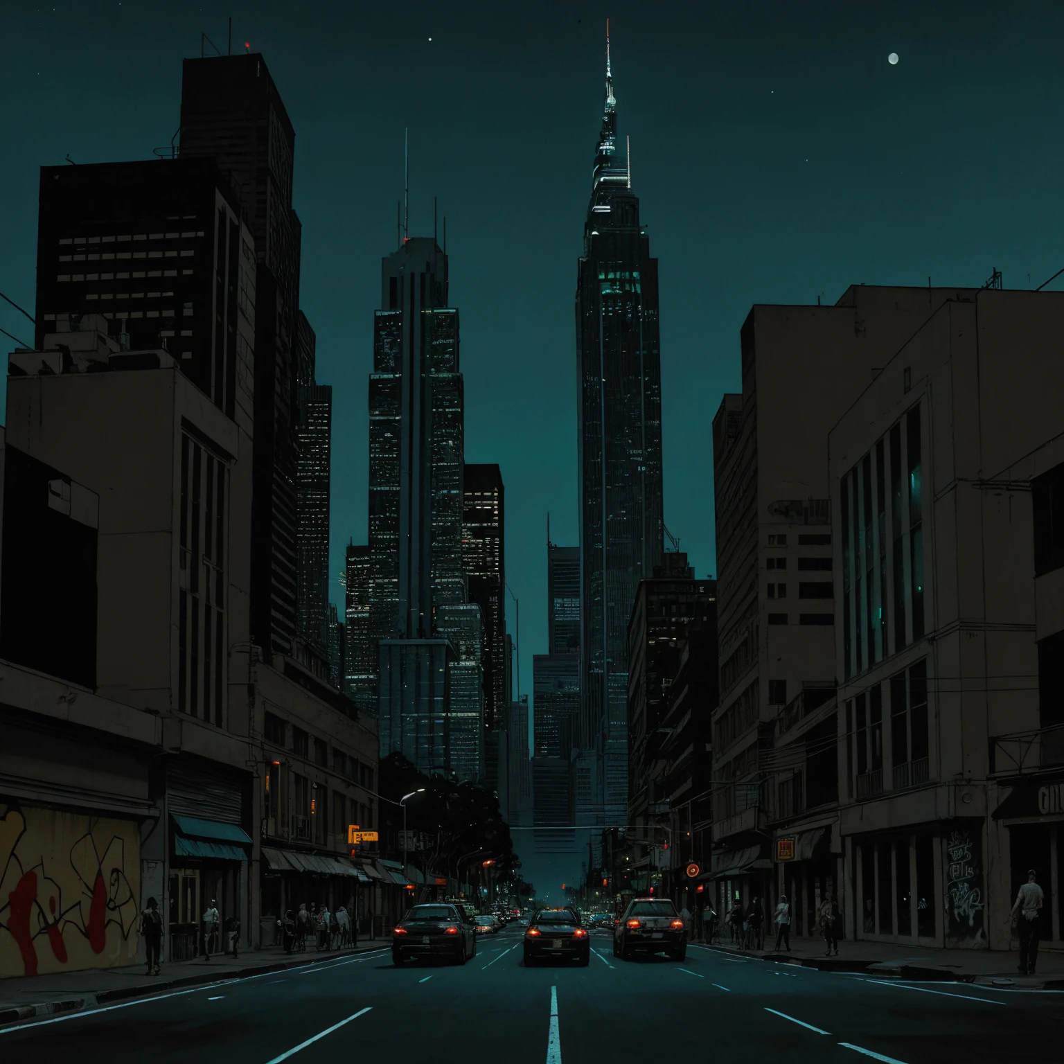 (masterpiece), (graffiti),, (street), (los angeles city neon lights), (blue tint), (skyscrapers), (realistic illustration), (cinematic), (night), (city skylines), , (traffic lights), (man back silhouette sitting)