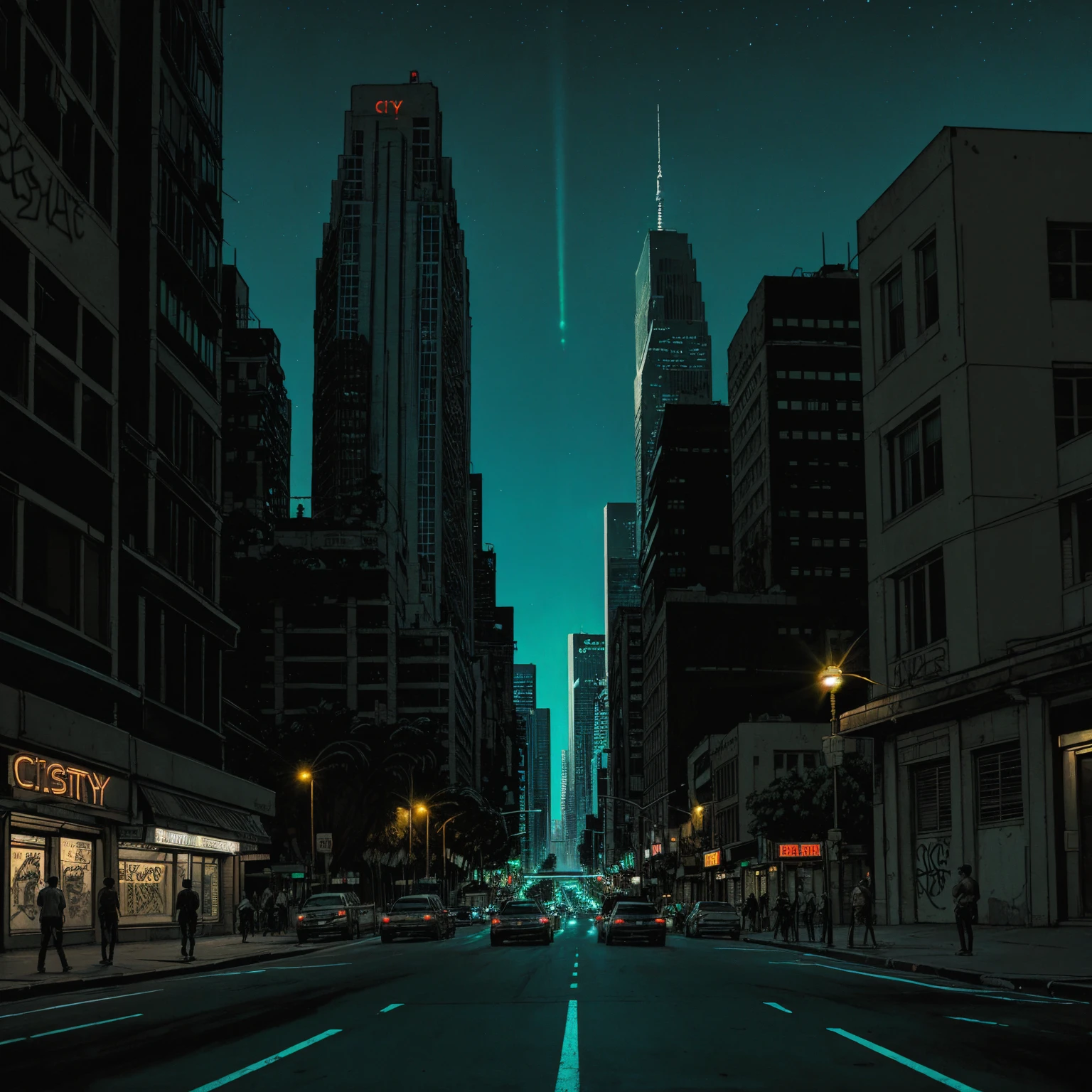 (masterpiece), (graffiti),, (street), (los angeles city neon lights), (blue tint), (skyscrapers), (realistic illustration), (cinematic), (night), (city skylines), , (traffic lights), (man back silhouette sitting)
