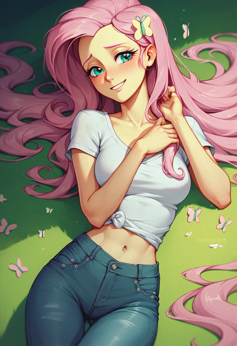 Fluttershy, sexy jeans, my pants are falling down, cute panties, sexy panties, Fluttershy Equestria girls, blushing, smiling cute, Fluttershy, cuerpo completo, high resolusion