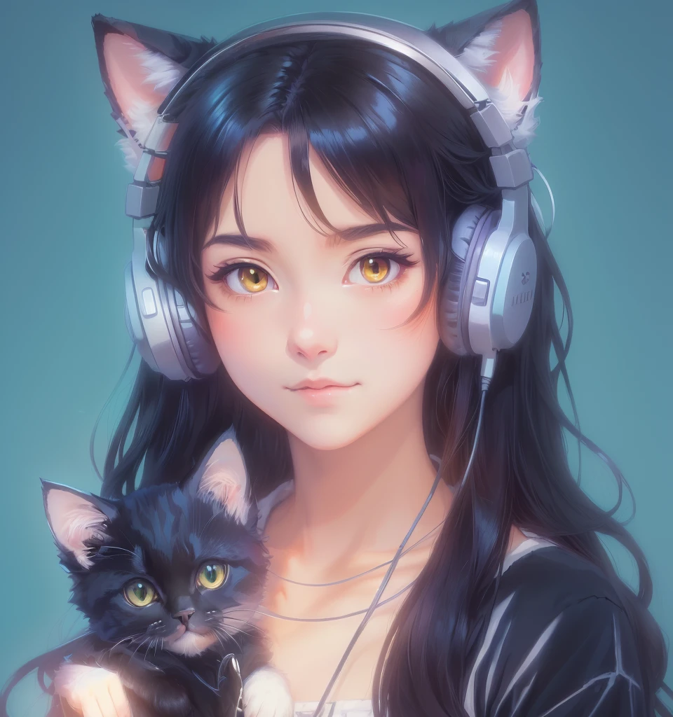 garota アニメ com fones de ouvido segurando um gatinho usando fones de ouvido gamer, very beautiful fluffy kitten, アニメ , , beautiful young kitten, linda garota-gato de アニメ, アニメ cat, アニメ catgirl, Ghibli style artwork, estilo アニメ. 8K, ilustração digital de アニメ, estilo アニメ 4 k