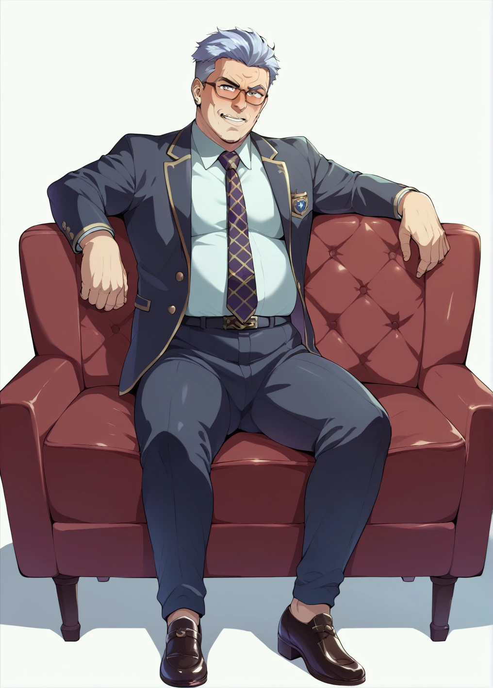 Ultra-detailed illustrations、Ultra-precise expression、masterpiece、Highest quality、ultra High resolution、High resolution、Hiromitsu Takeda Style、White background、Simple Background、sit、whole body、suit、One fat old man、baldness、solo、Vulgar expression、Leather shoes、Luxurious sofa、