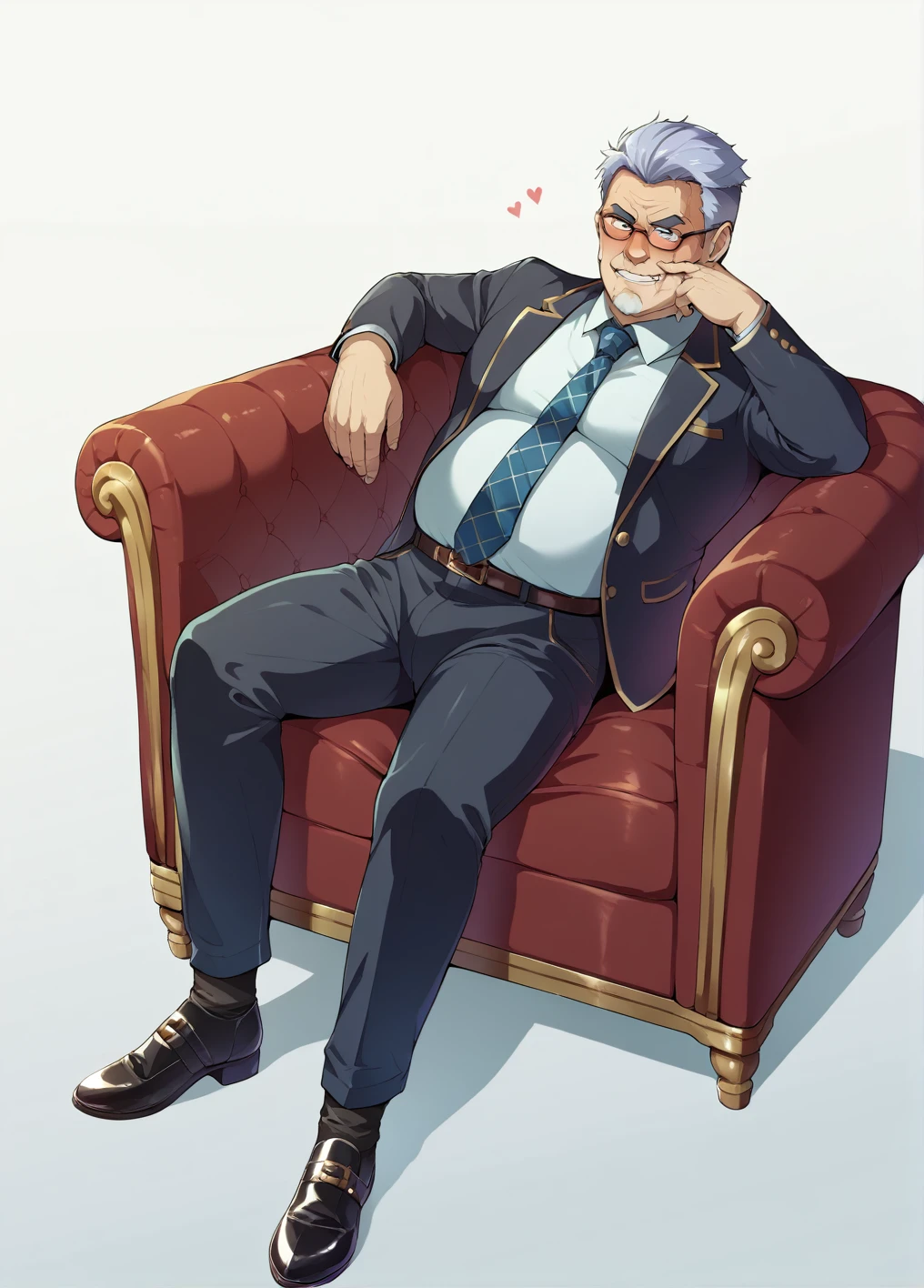 Ultra-detailed illustrations、Ultra-precise expression、masterpiece、Highest quality、ultra High resolution、High resolution、Hiromitsu Takeda Style、White background、Simple Background、sit、whole body、suit、One fat old man、baldness、solo、Vulgar expression、Leather shoes、Luxurious sofa、