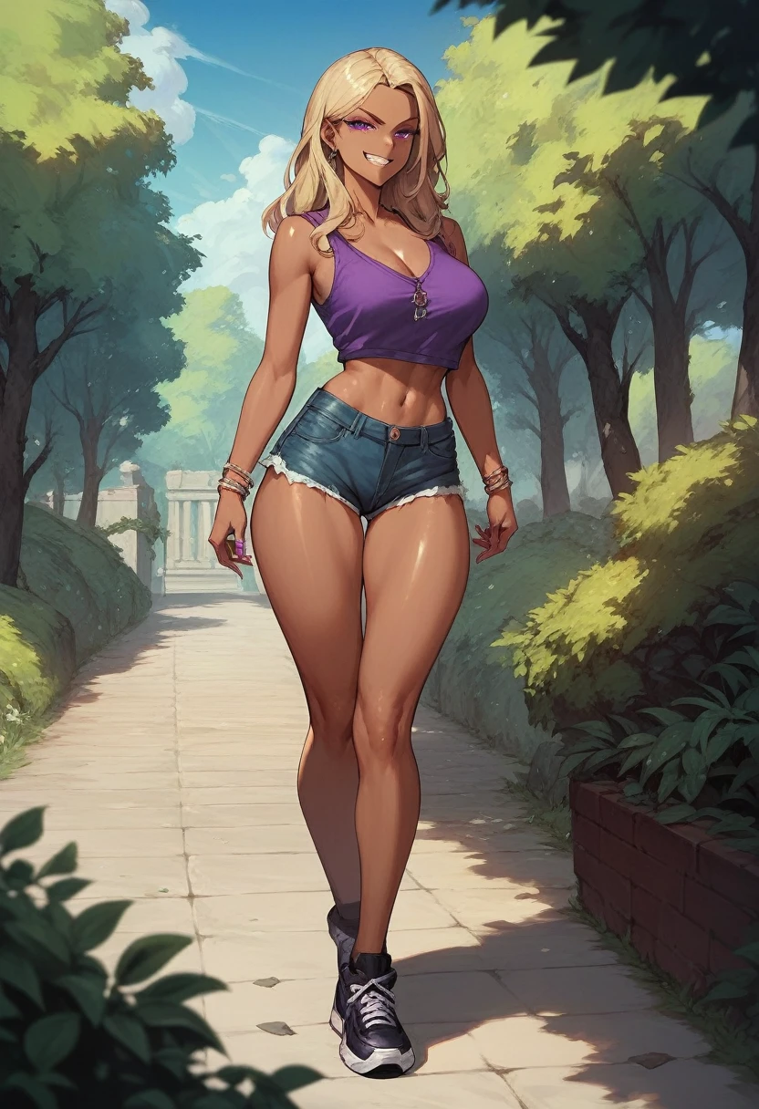 ((High Quality image 10k)) (( perfect autonomy)) Masterpiece, Solo girl, dark tan skin, blonde hair purple eyes, evil smug grin, wearing purple sleeveless shirt, blue jean shorts, shorts coming off, cute panties, beautiful legs, full body, Standing, in the park