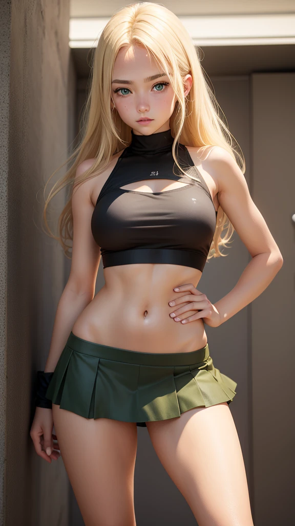 Blonde hair , green eyes ,lightly tan skin , age 15, black short skirt and crop top