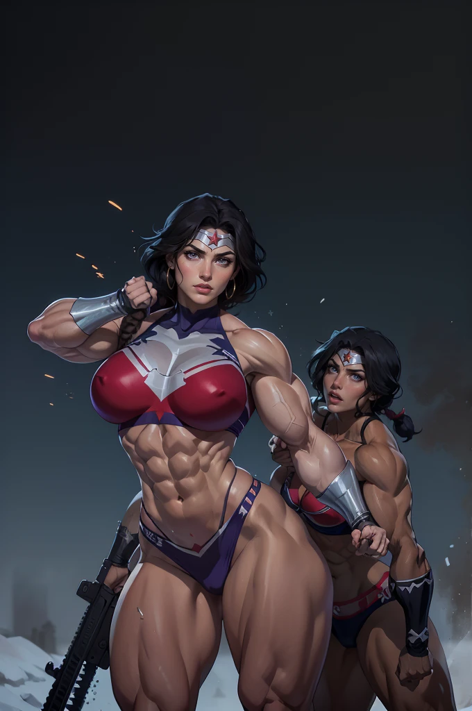 berserk mature woman, woman with ((((huge muscles)))), abs, rags, loincloth, snow mountain, winter, braids, ragged, tribal bodypaint, snowdrift,((1 lady))、masterpiece, ultra-detailliert, 8k, hiquality, Top image quality, digitial illustration, Seductive Anime Girl, ((Combative posing:1.4)), ((heavy weapons:1.4, armament:1.3))、((dynamism:1.3))、((dynamic angle:1.2))、((Hover effect:1.4)), Glossy realistic skin texture、shiny skin、seductive smile、Meticulously drawn hair, Meticulously drawn eye, Being in battle field、appearance Splash paint background in colors, ((bikini:1.3 crop top:1.3))、((crop top navel))、((highleg:1.3))、((huge hip:1.3))、((thick thighs))、curvy、((collarbone))、((cameltoe))、Sharp Focus, Precise human body structure、Smooth texture