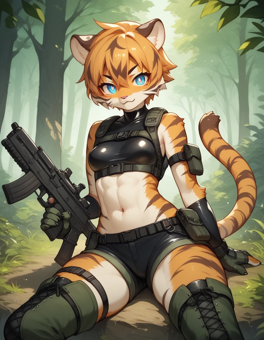 score_9, score_8_up) score_7_up, score_6_up, solo, tiger, kemono, anthro, cute, short hair, blue eyes, white pupils, sexy, orange fur, shorts, tactical harness, croptop, thigh high boots, assassin girl, mesh body suit, tactical gloves, latex, small breasts, forest background,