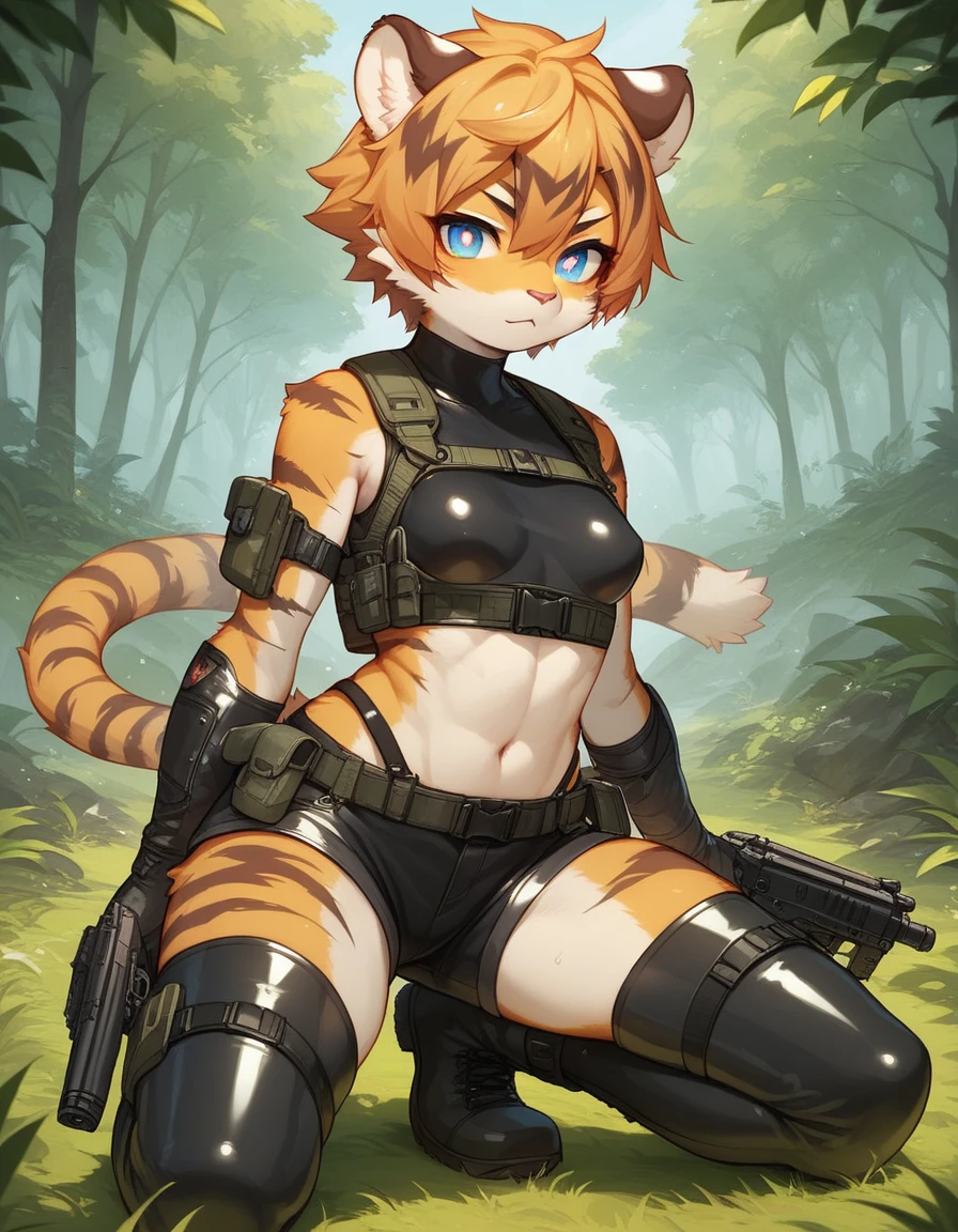 score_9, score_8_up) score_7_up, score_6_up, solo, tiger, kemono, anthro, cute, short hair, blue eyes, white pupils, sexy, orange fur, shorts, tactical harness, croptop, thigh high boots, assassin girl, mesh body suit, tactical gloves, latex, small breasts, forest background,
