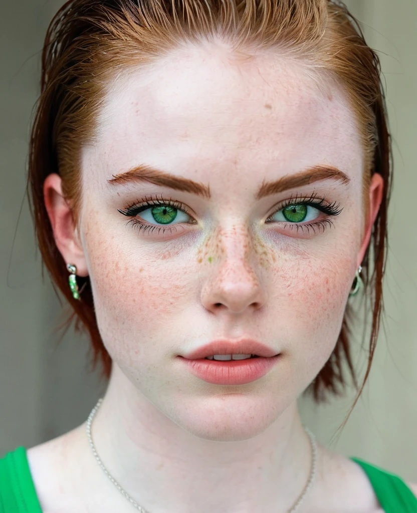 Muscular college girl, green eyes, pale skin, Freckles and an eyebrow piercing with a green short, slicked back men&#39;s haircut with shaved head on both sides and a linen blouse in a nightclub 