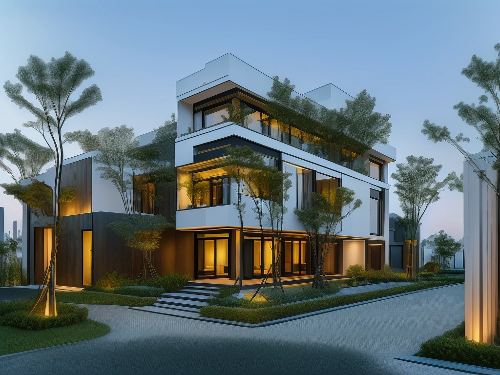 3D render of a beautiful house, Dark, gray tones, white wall. lumion render, night time render, insanely detailed rendering, realistic architecture, architectural visualization. The house is adorned with elegant lighting and plants to enhance its exterior appearance in a Vietnam city street. The staircase leading into the house is tiled with black marble and has bright LED lights. Behind are hills and mountains with clear blue sky. balcony with green plants. The main door is made of black aluminum and glass reaching up to the ceiling. Looking through the glass windows to look inside the house with luxurious interiors with luxurious and warm lights, interior lighting rendering and lighting effects. marble and wood and glass, dark and modern, luxcore render, taken with professional photography techniques, using a wide angle lens with bright natural light and high resolution details, in the style of professional photograph, hyper realistic, highly detailed.