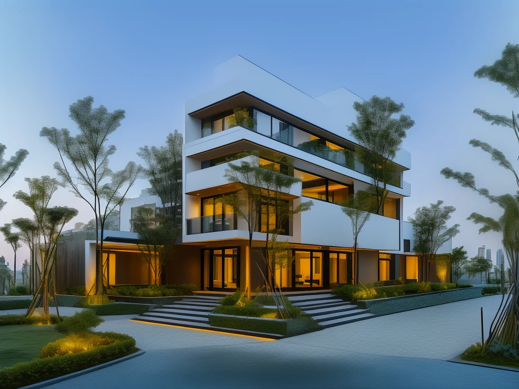 3D render of a beautiful house, Dark, gray tones, white wall. lumion render, night time render, insanely detailed rendering, realistic architecture, architectural visualization. The house is adorned with elegant lighting and plants to enhance its exterior appearance in a Vietnam city street. The staircase leading into the house is tiled with black marble and has bright LED lights. Behind are hills and mountains with clear blue sky. balcony with green plants. The main door is made of black aluminum and glass reaching up to the ceiling. Looking through the glass windows to look inside the house with luxurious interiors with luxurious and warm lights, interior lighting rendering and lighting effects. marble and wood and glass, dark and modern, luxcore render, taken with professional photography techniques, using a wide angle lens with bright natural light and high resolution details, in the style of professional photograph, hyper realistic, highly detailed.