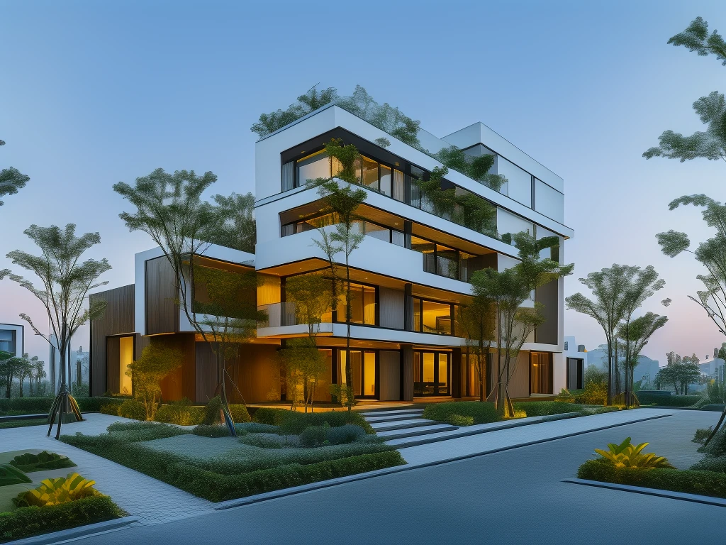 3D render of a beautiful house, Dark, gray tones, white wall. lumion render, night time render, insanely detailed rendering, realistic architecture, architectural visualization. The house is adorned with elegant lighting and plants to enhance its exterior appearance in a Vietnam city street. The staircase leading into the house is tiled with black marble and has bright LED lights. Behind are hills and mountains with clear blue sky. balcony with green plants. The main door is made of black aluminum and glass reaching up to the ceiling. Looking through the glass windows to look inside the house with luxurious interiors with luxurious and warm lights, interior lighting rendering and lighting effects. marble and wood and glass, dark and modern, luxcore render, taken with professional photography techniques, using a wide angle lens with bright natural light and high resolution details, in the style of professional photograph, hyper realistic, highly detailed.