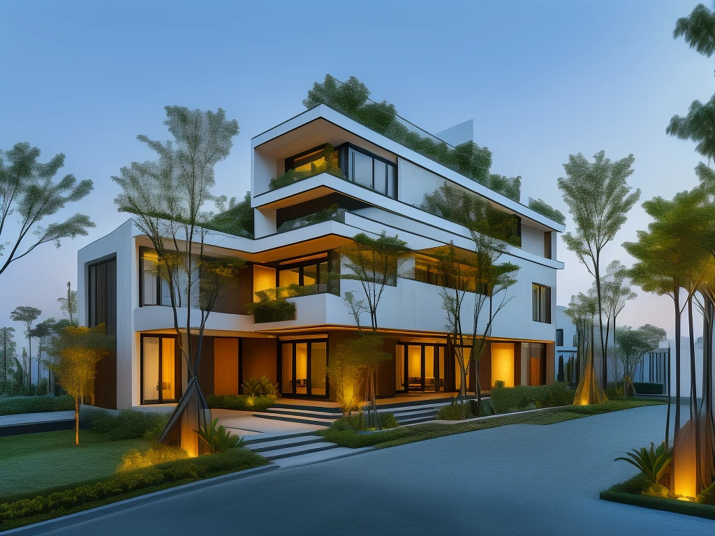 3D render of a beautiful house, Dark, gray tones, white wall. lumion render, night time render, insanely detailed rendering, realistic architecture, architectural visualization. The house is adorned with elegant lighting and plants to enhance its exterior appearance in a Vietnam city street. The staircase leading into the house is tiled with black marble and has bright LED lights. Behind are hills and mountains with clear blue sky. balcony with green plants. The main door is made of black aluminum and glass reaching up to the ceiling. Looking through the glass windows to look inside the house with luxurious interiors with luxurious and warm lights, interior lighting rendering and lighting effects. marble and wood and glass, dark and modern, luxcore render, taken with professional photography techniques, using a wide angle lens with bright natural light and high resolution details, in the style of professional photograph, hyper realistic, highly detailed.